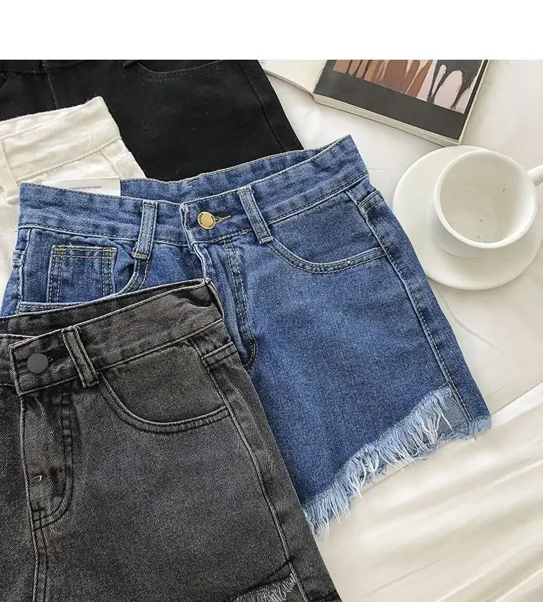 2025 New Summer Women High Wiast Raw Hem Denim Shorts Soild White Black Blue Korean Wide Leg Pants Mon Shorts Jean Shorts