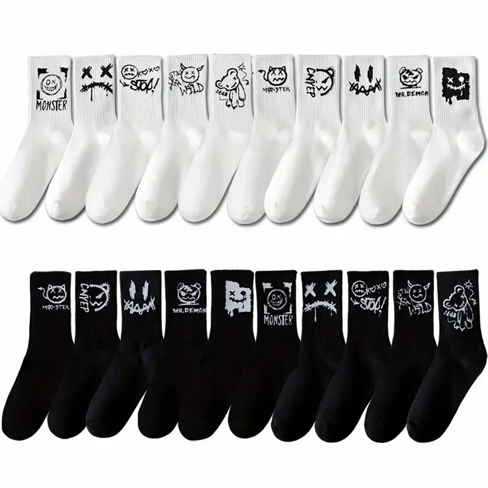 5/10 Pairs Men Women Graffiti Printed socks Street Style Soft Comfortable Sweat Absorbing Breathable Couple Sports Leisure Socks