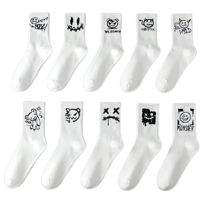 5/10 Pairs Men Women Graffiti Printed socks Street Style Soft Comfortable Sweat Absorbing Breathable Couple Sports Leisure Socks