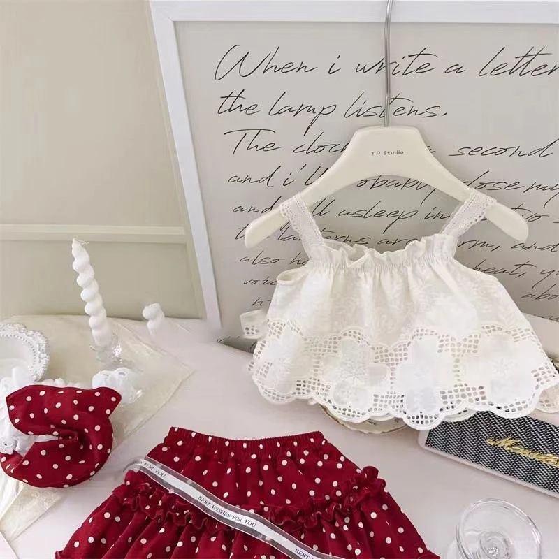 2026 New Strap Little Red Riding Hood Set Summer Cute Girl Hook Flower Western Style Tank Top Polka Pants Skirt Three Piece Set