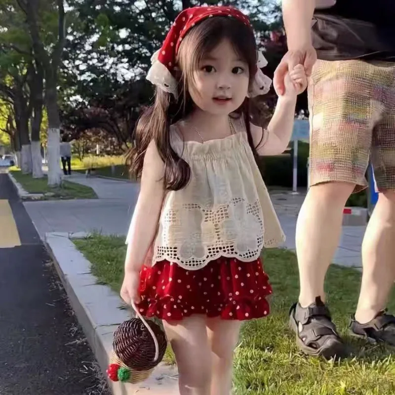 2026 New Strap Little Red Riding Hood Set Summer Cute Girl Hook Flower Western Style Tank Top Polka Pants Skirt Three Piece Set
