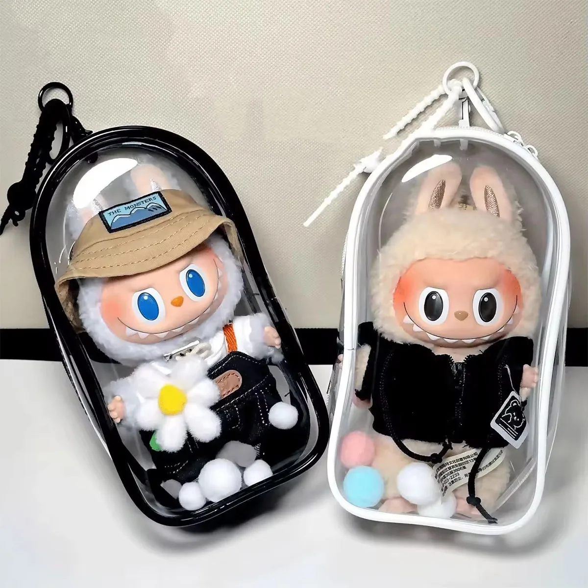 For Labubu V2 Transparent Colorful Protector Case Doll Accessories Organizer Box Plush Doll Display Bag Outdoor with Keychain