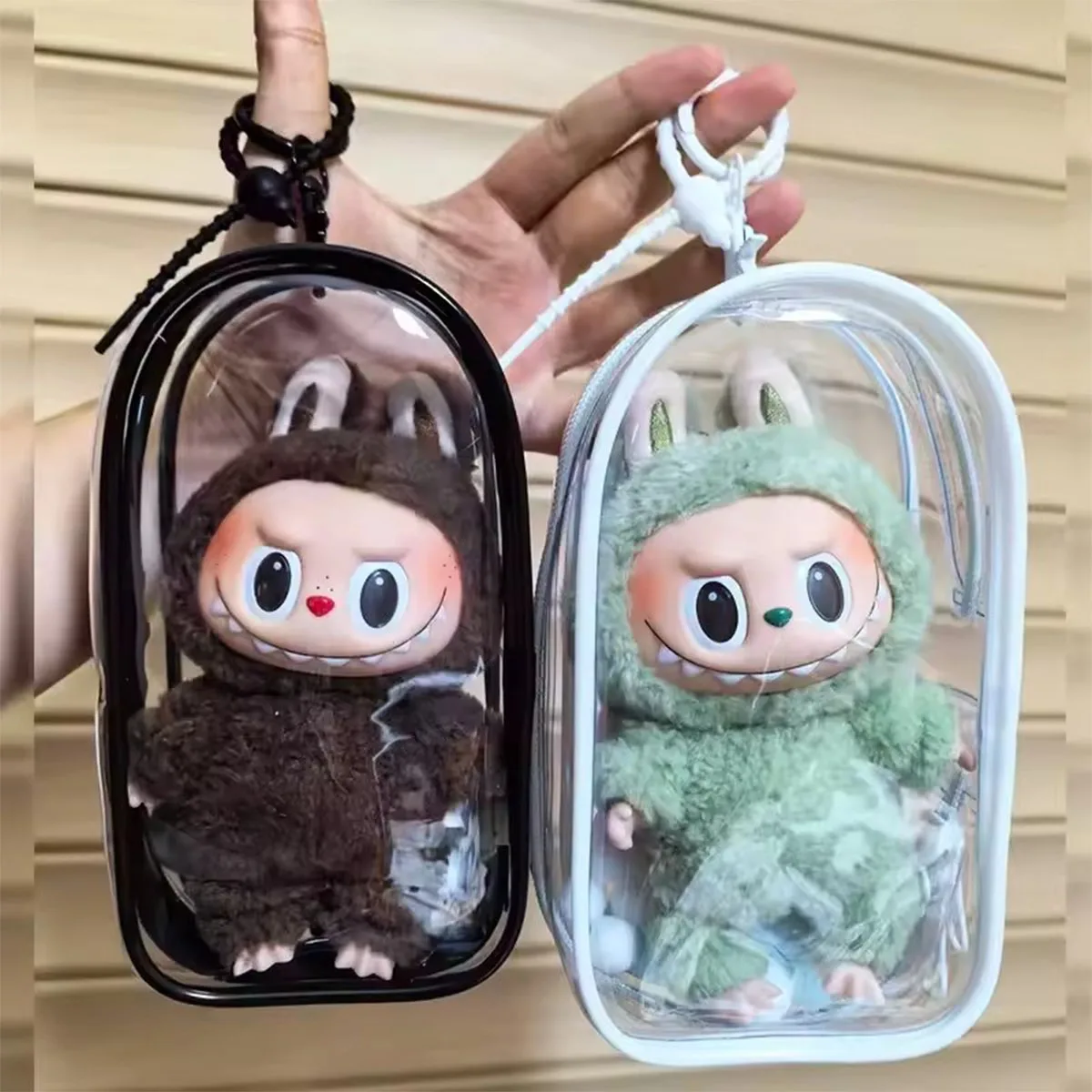 For Labubu V2 Transparent Colorful Protector Case Doll Accessories Organizer Box Plush Doll Display Bag Outdoor with Keychain