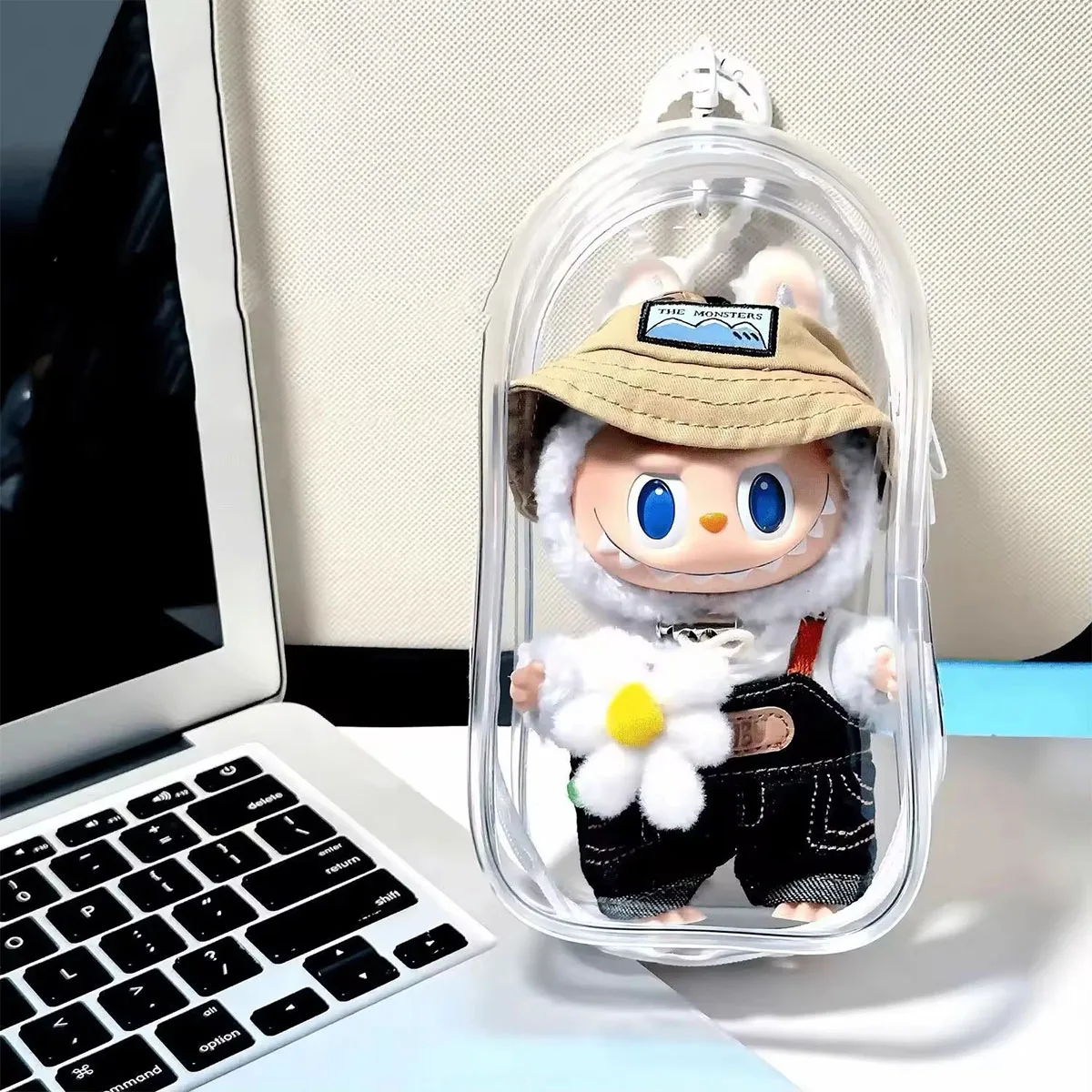 For Labubu V2 Transparent Colorful Protector Case Doll Accessories Organizer Box Plush Doll Display Bag Outdoor with Keychain