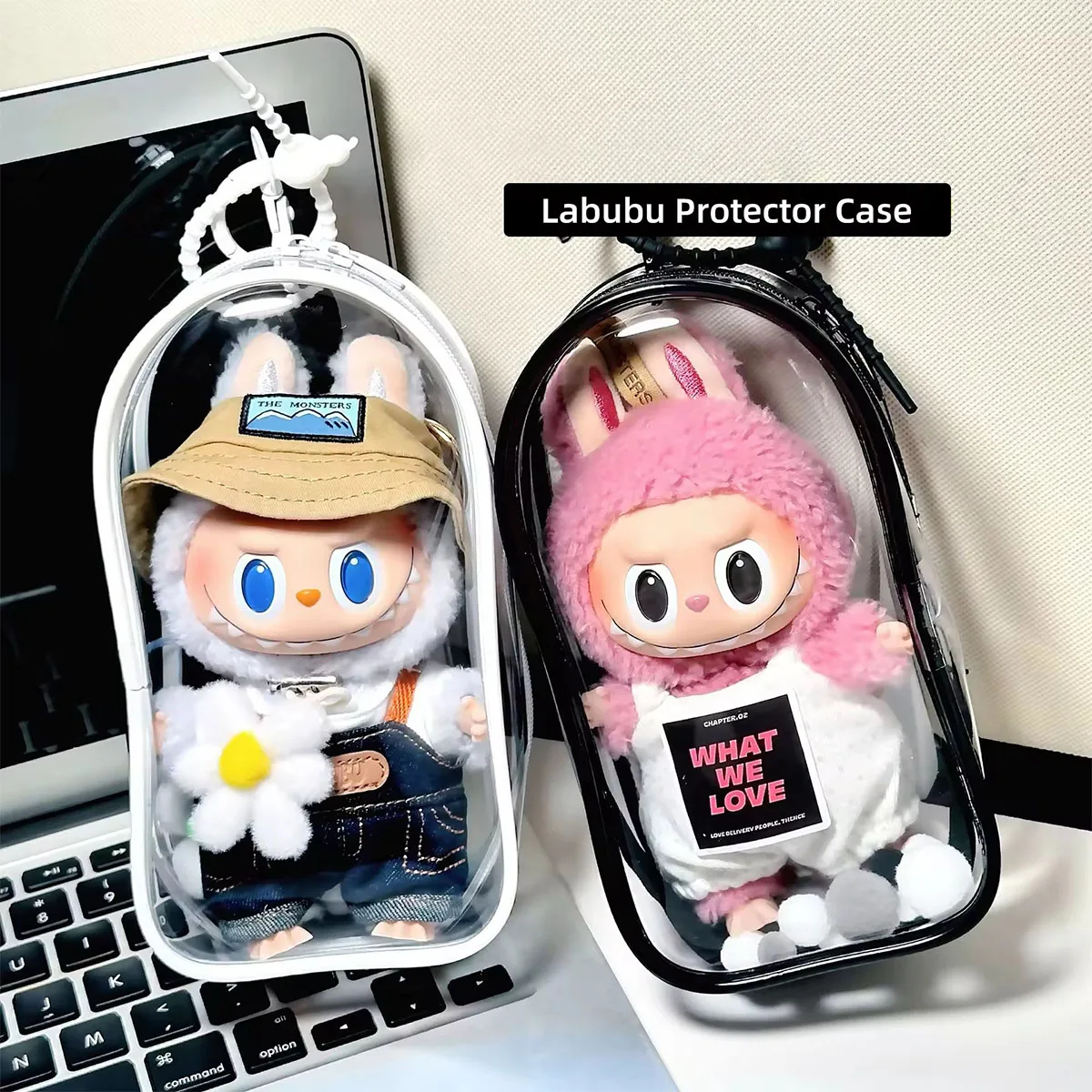 For Labubu V2 Transparent Colorful Protector Case Doll Accessories Organizer Box Plush Doll Display Bag Outdoor with Keychain