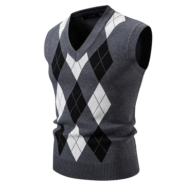New Mens Argyle Knitwear Vest V Neck Sleeveless Casual Slim Fit Pullover Knitted Sweater Outdoor Streetwear Casual Tank Tops