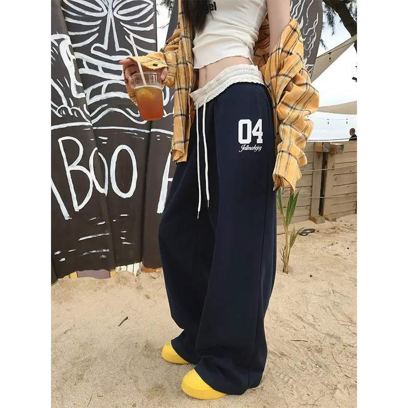 American fashion retro sports pants for women in spring and summer high waisted and drooping casual pants loose pants