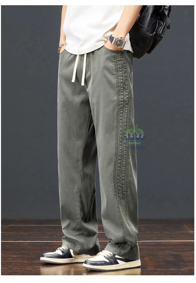 Autumn Soft Lyocell Fabric Pants Men Baggy Straight Wide Leg Pants Elastic Waist y2k Jogging Casual Trousers Plus Size 5XL