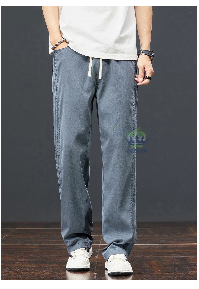 Autumn Soft Lyocell Fabric Pants Men Baggy Straight Wide Leg Pants Elastic Waist y2k Jogging Casual Trousers Plus Size 5XL