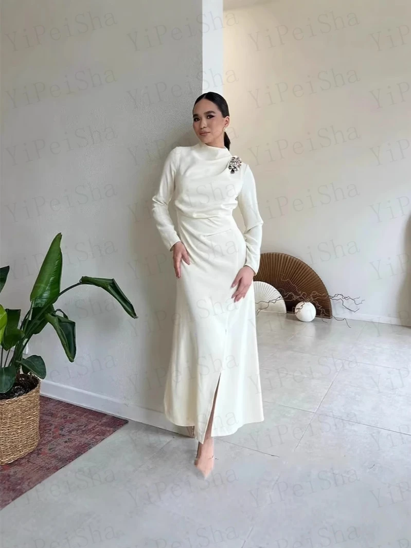 Customized A-Line Prom Dresses Tea-Length High-Neck Full Sleeve Evening Gown Fashion Sequined Crystal Simple Draped Party Gown