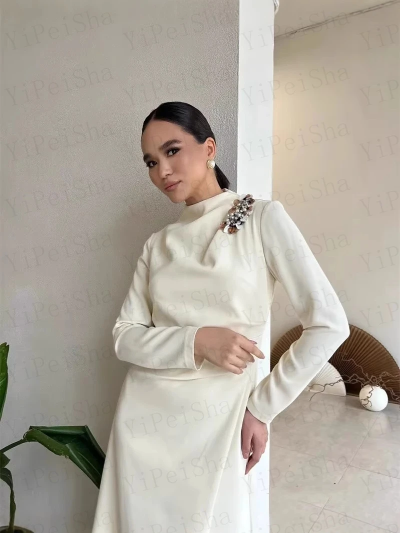 Customized A-Line Prom Dresses Tea-Length High-Neck Full Sleeve Evening Gown Fashion Sequined Crystal Simple Draped Party Gown