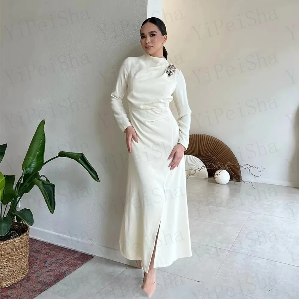 Customized A-Line Prom Dresses Tea-Length High-Neck Full Sleeve Evening Gown Fashion Sequined Crystal Simple Draped Party Gown