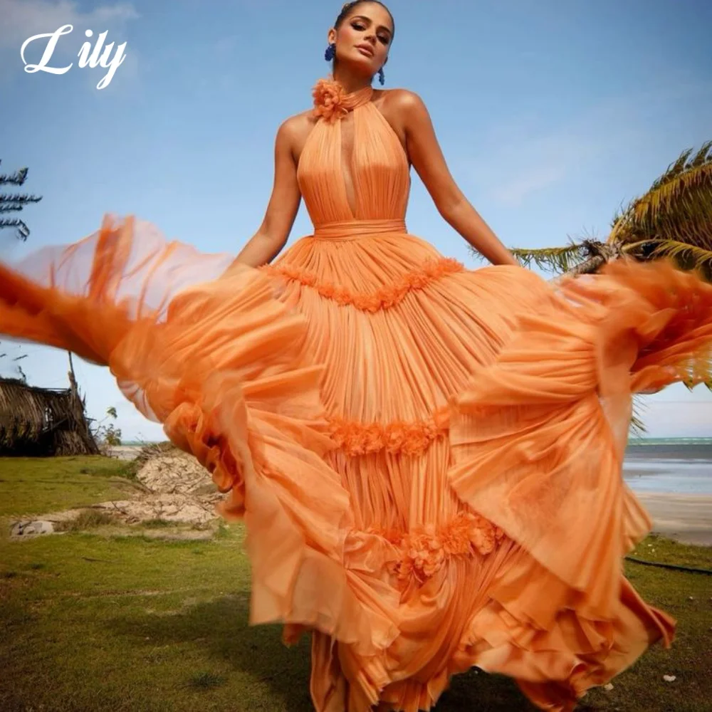 Lily Orange Elegant Formal Gown Sleeveless Deep V-Neck A-Line Prom Dress Strapless Pleating 3D-Flowers Evening Dress Customized