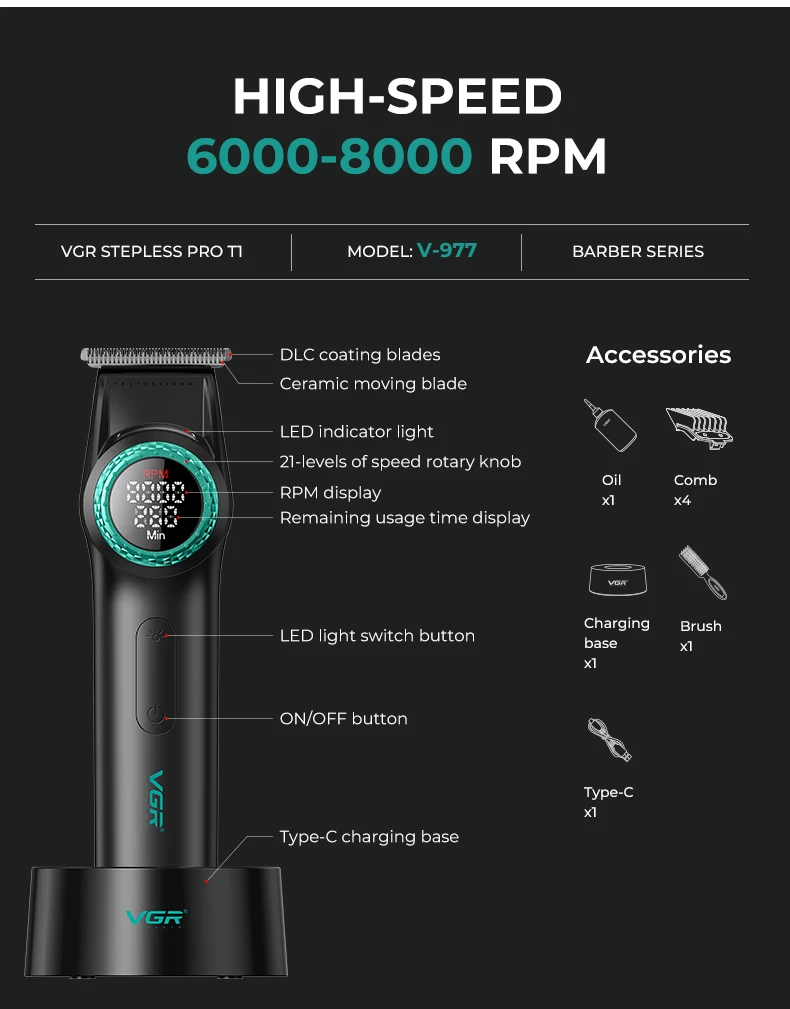 VGR 977 377 new hair trimming set, high-end men's hair clipper, intelligent shaver, whitening device, multifunctional electric c