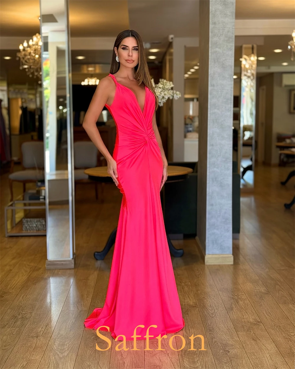Customized Exquisite V-Neck Spaghetti Straps Evening Dress Temperament  Mermaid Celebrity Gowns Fashion  Backless Party Dress