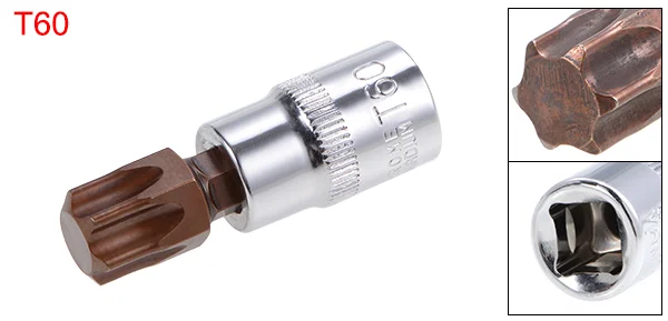 3/8-Inch Drive Bit Sockets Torx T20/30/40/45/50/55/60 S2 Steel 48mm Length Brass Silver Tone DIY Automotive Repairs Hand Tool