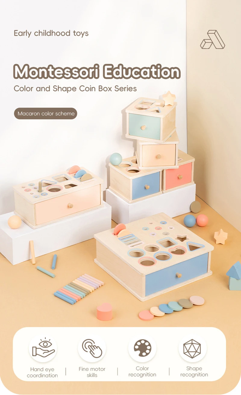 Baby Object Permanent Box Montessori Wooden Toy Color Sorting Shape Matching Box Coin Ball Drop Sensory Box Fine Motor Skills To