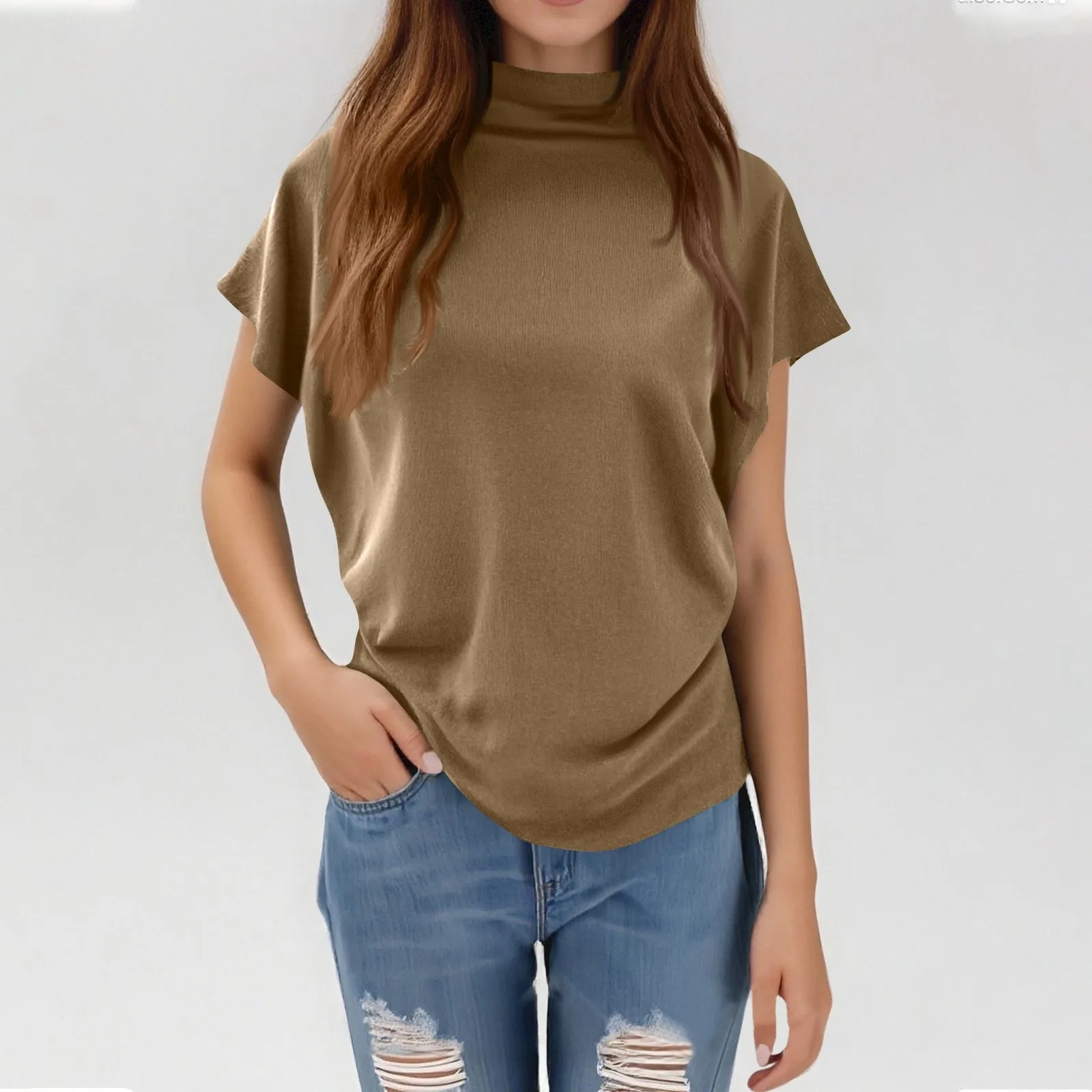 Ladies' New Trendy Fashion Solid Color Soft Turtleneck Top High End Basic Daily Commute Thin Short Sleeve Pleated Clothing