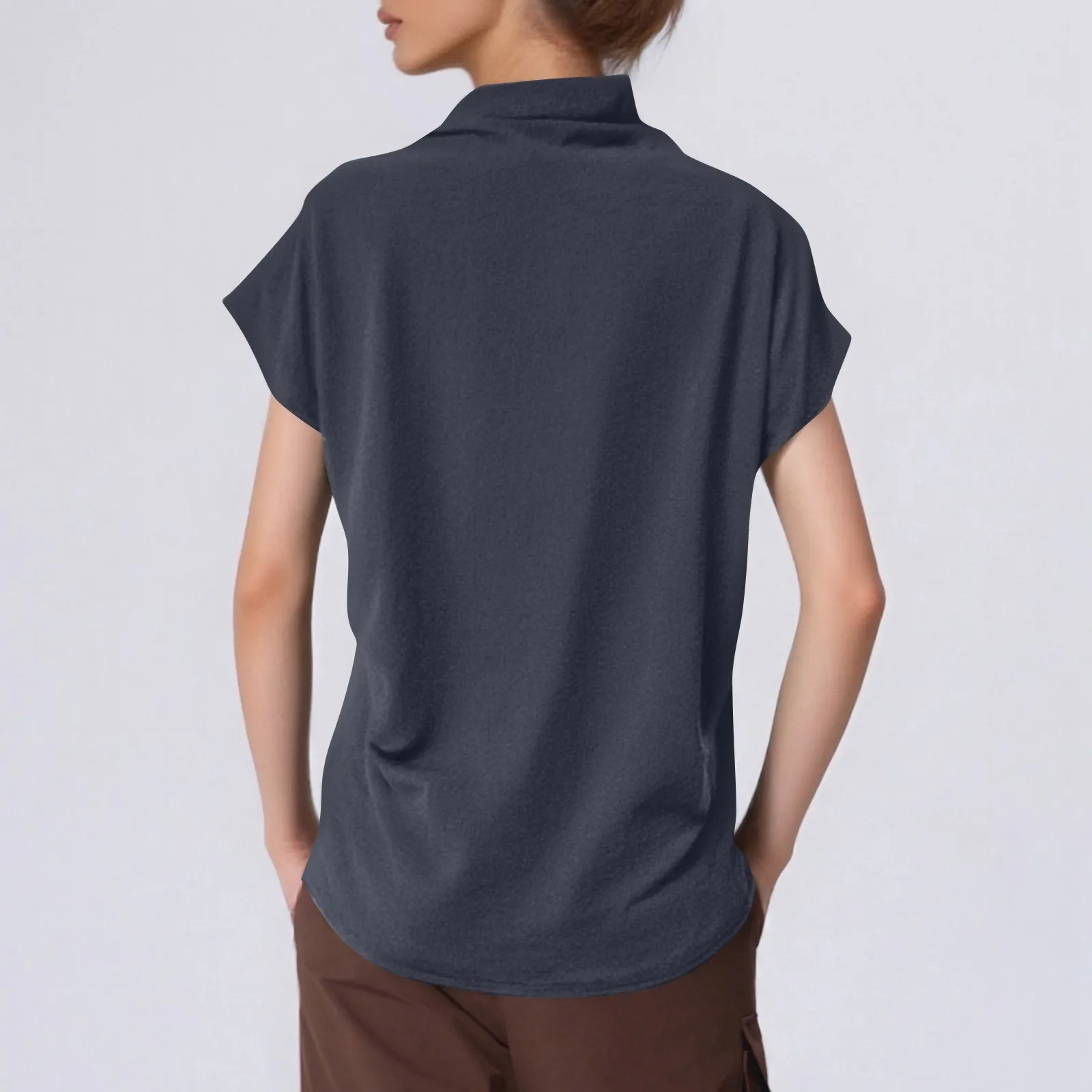 Ladies' New Trendy Fashion Solid Color Soft Turtleneck Top High End Basic Daily Commute Thin Short Sleeve Pleated Clothing
