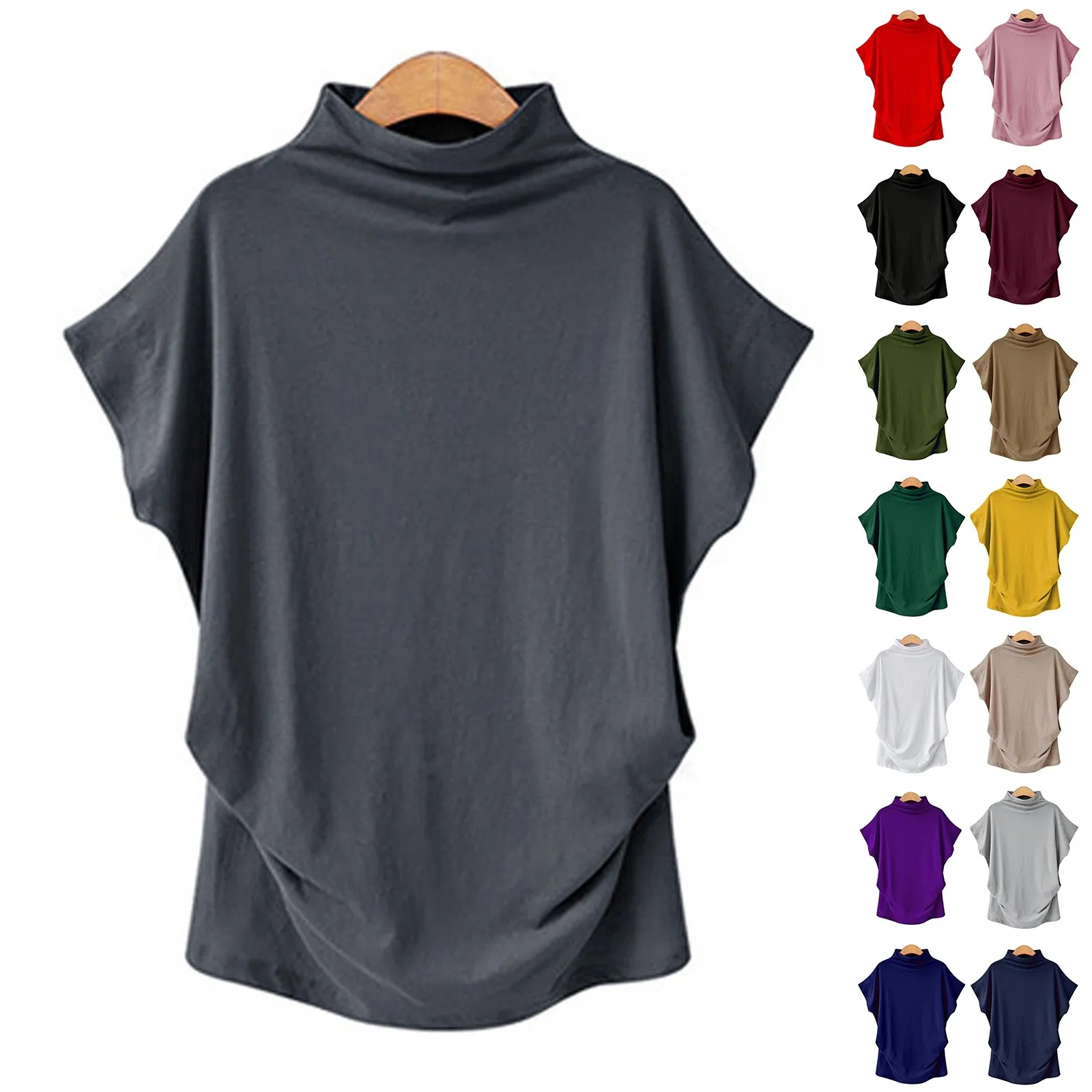 Ladies' New Trendy Fashion Solid Color Soft Turtleneck Top High End Basic Daily Commute Thin Short Sleeve Pleated Clothing