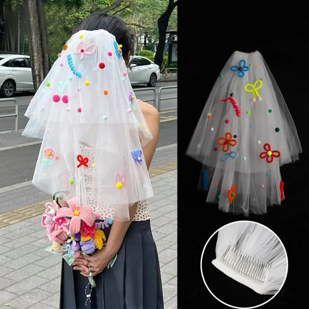 New Colorful Wedding Veils with Clip Sweet Pompom Mesh Tulle Butterfly Photo Props White Veil Bridal Veils Headdress Accessories