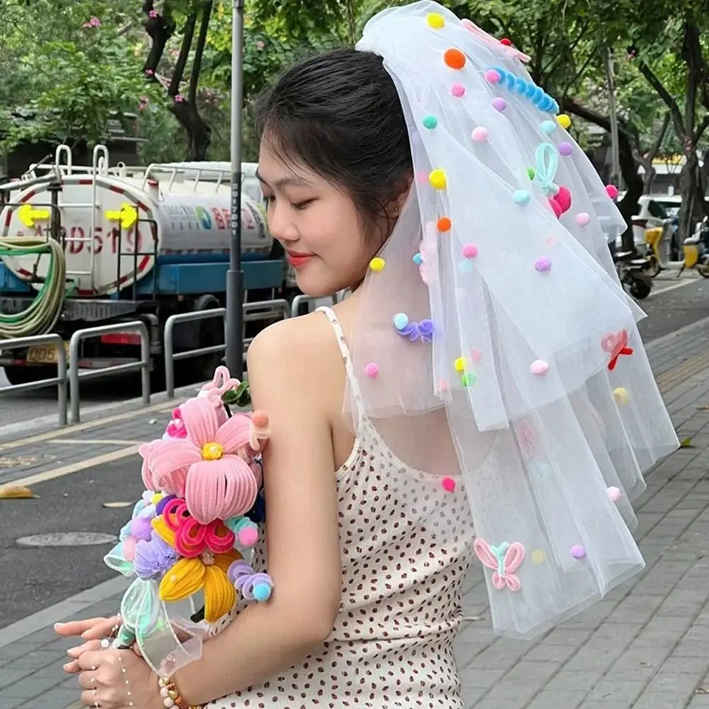 New Colorful Wedding Veils with Clip Sweet Pompom Mesh Tulle Butterfly Photo Props White Veil Bridal Veils Headdress Accessories