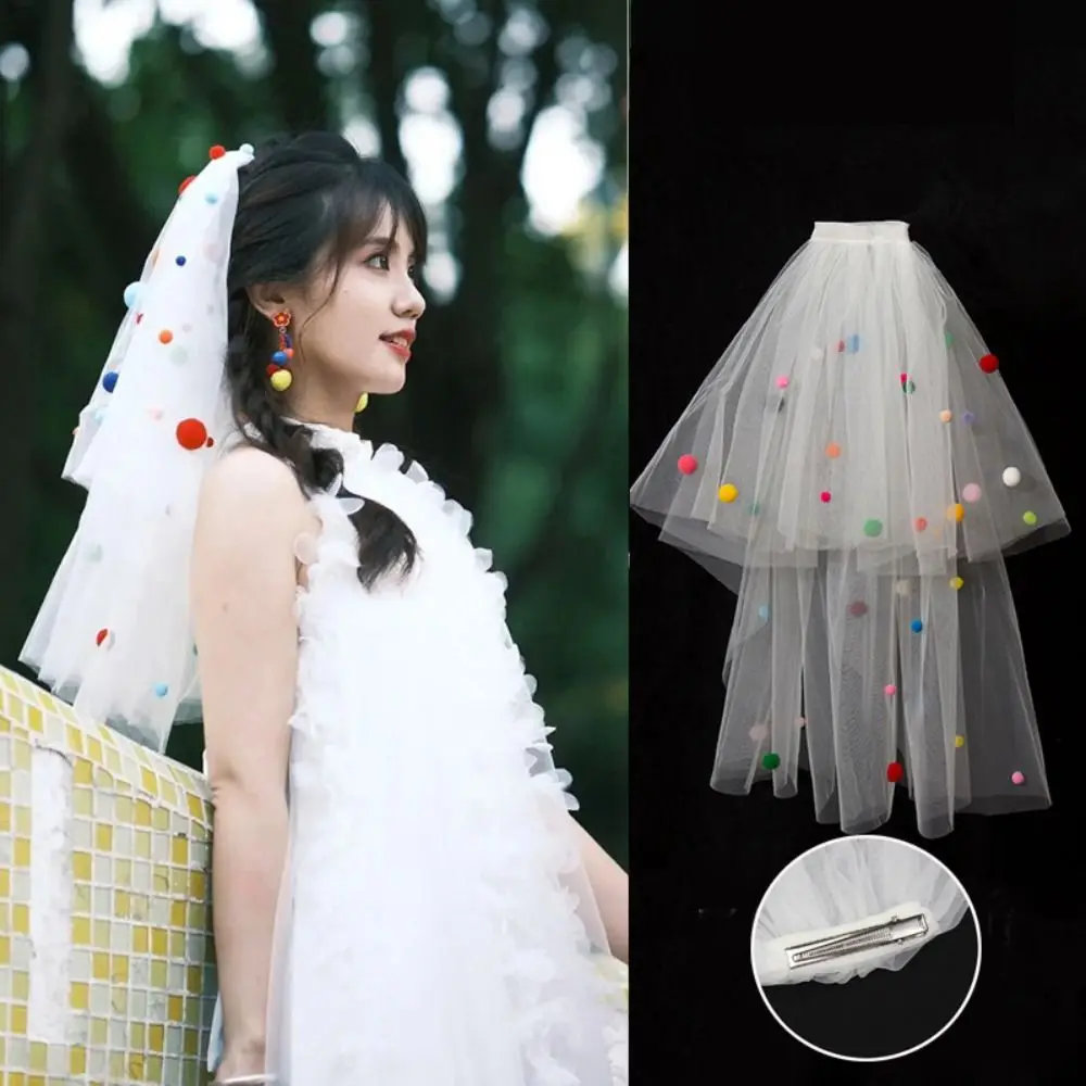 New Colorful Wedding Veils with Clip Sweet Pompom Mesh Tulle Butterfly Photo Props White Veil Bridal Veils Headdress Accessories