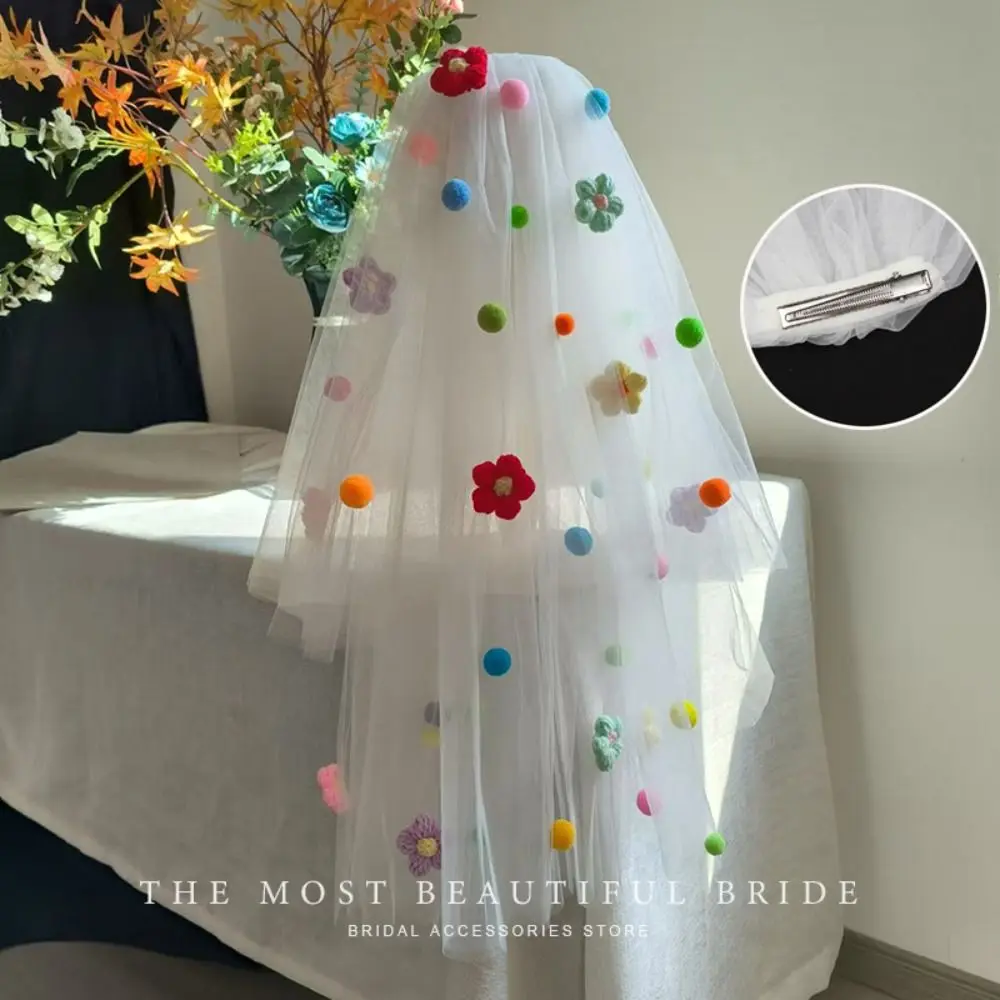 New Colorful Wedding Veils with Clip Sweet Pompom Mesh Tulle Butterfly Photo Props White Veil Bridal Veils Headdress Accessories