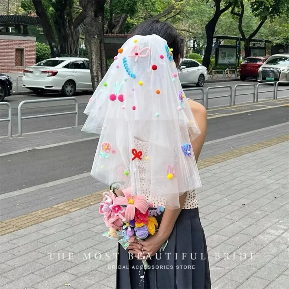 New Colorful Wedding Veils with Clip Sweet Pompom Mesh Tulle Butterfly Photo Props White Veil Bridal Veils Headdress Accessories