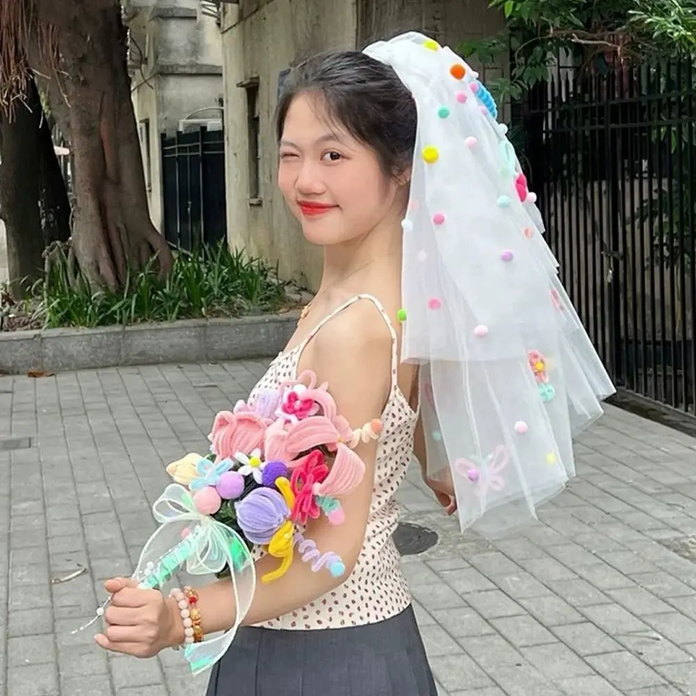 New Colorful Wedding Veils with Clip Sweet Pompom Mesh Tulle Butterfly Photo Props White Veil Bridal Veils Headdress Accessories