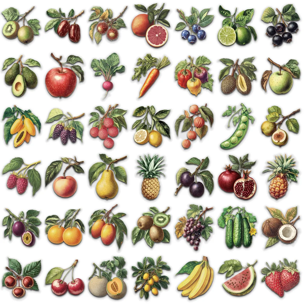 50PCS Retro Fruit Graffiti Stickers Fruit and Vegetable Teaching Stickers Scrapbook Guitar Mobile DIY Waterproof Stickers 