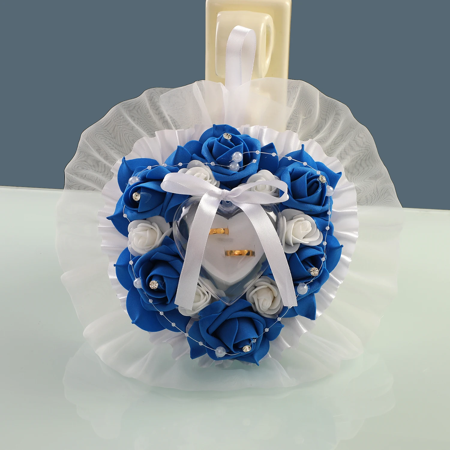 Wedding Ring Bearer with Rose Flower Decor Heart Shape Ring Box Romantic Wedding Ring Cushion Engagement Party Accessory