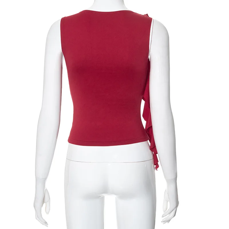 Summer Women'S Solid Color Vest Fluttering Tassel Sleeveless Slim Pullover Round Neck T-Shirt Casual Street Wear Y2K