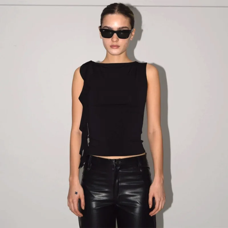 Summer Women'S Solid Color Vest Fluttering Tassel Sleeveless Slim Pullover Round Neck T-Shirt Casual Street Wear Y2K