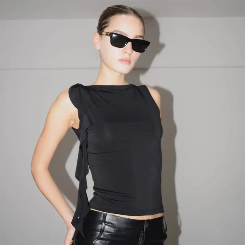 Summer Women'S Solid Color Vest Fluttering Tassel Sleeveless Slim Pullover Round Neck T-Shirt Casual Street Wear Y2K