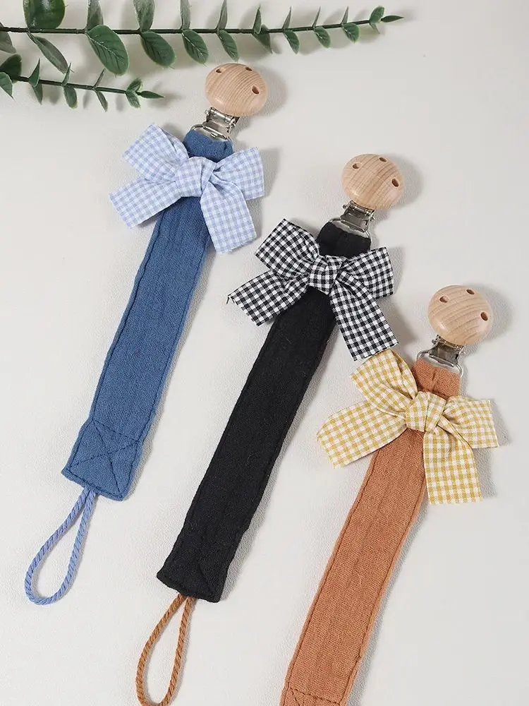 Cotton Bow Pacifier Clip for Girls - Baby Soother Holder with Wooden Paci Clip, Soft Muslin Cotton Strap for Newborn Dummy Chain