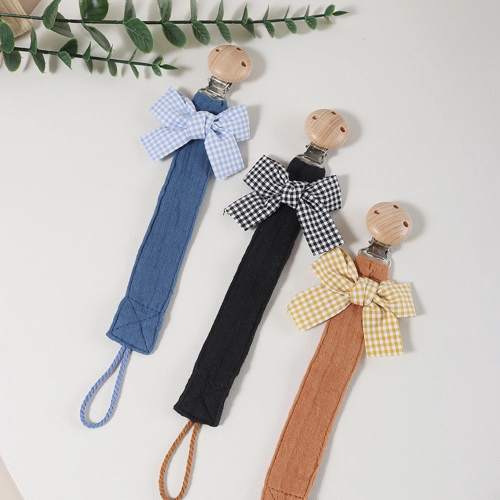 Cotton Bow Pacifier Clip for Girls - Baby Soother Holder with Wooden Paci Clip, Soft Muslin Cotton Strap for Newborn Dummy Chain