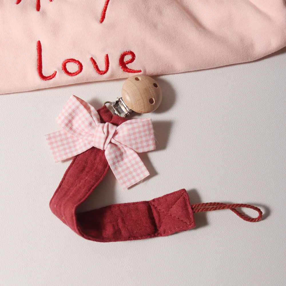Cotton Bow Pacifier Clip for Girls - Baby Soother Holder with Wooden Paci Clip, Soft Muslin Cotton Strap for Newborn Dummy Chain