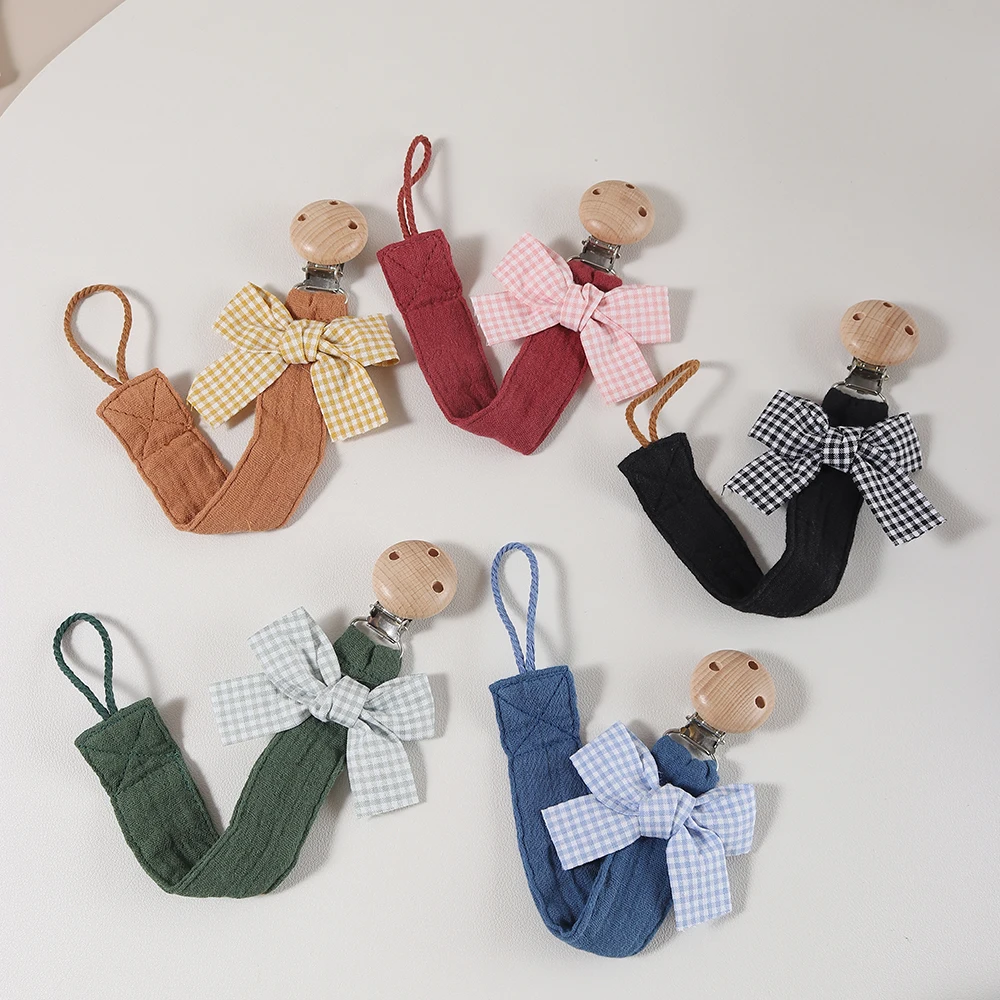 Cotton Bow Pacifier Clip for Girls - Baby Soother Holder with Wooden Paci Clip, Soft Muslin Cotton Strap for Newborn Dummy Chain