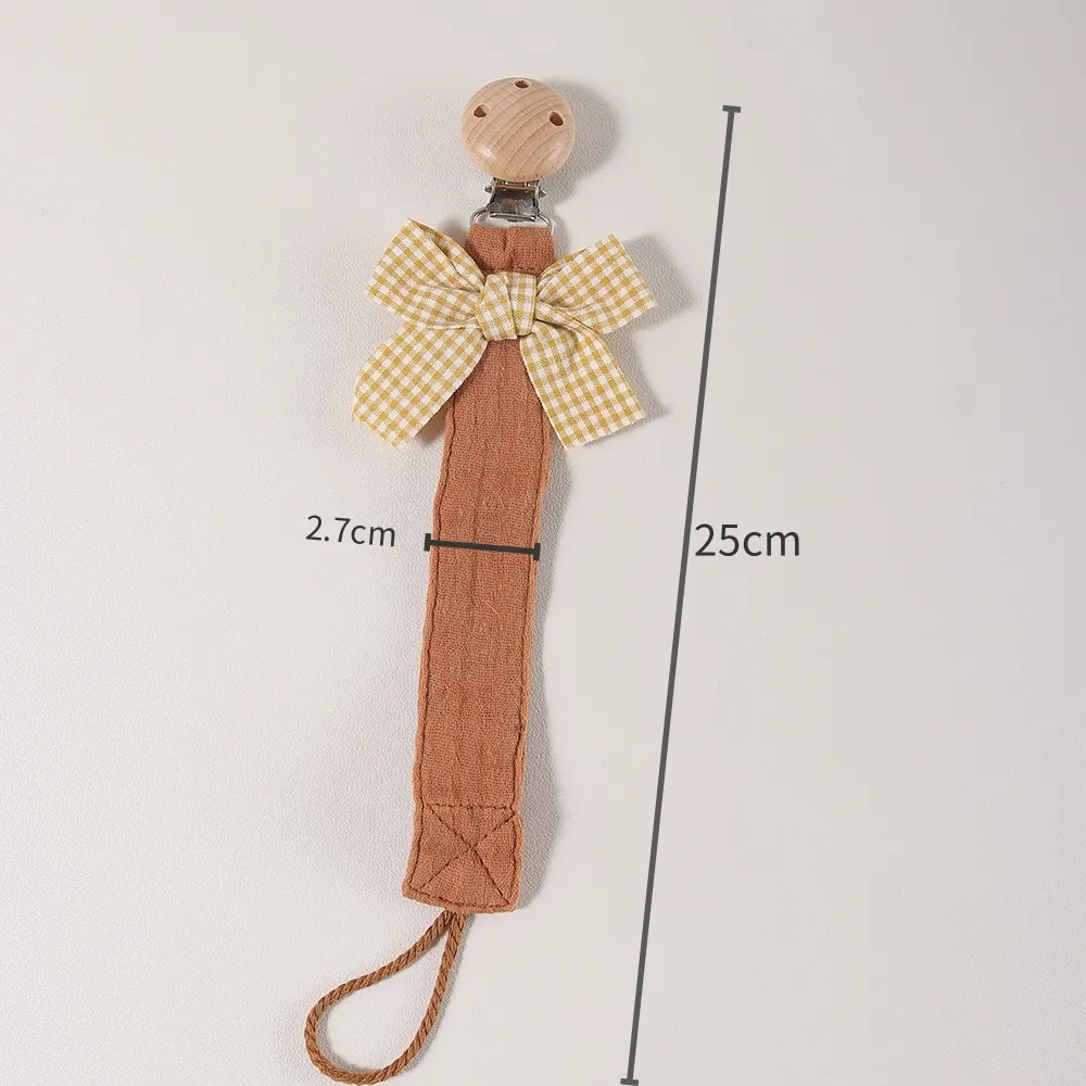 Cotton Bow Pacifier Clip for Girls - Baby Soother Holder with Wooden Paci Clip, Soft Muslin Cotton Strap for Newborn Dummy Chain