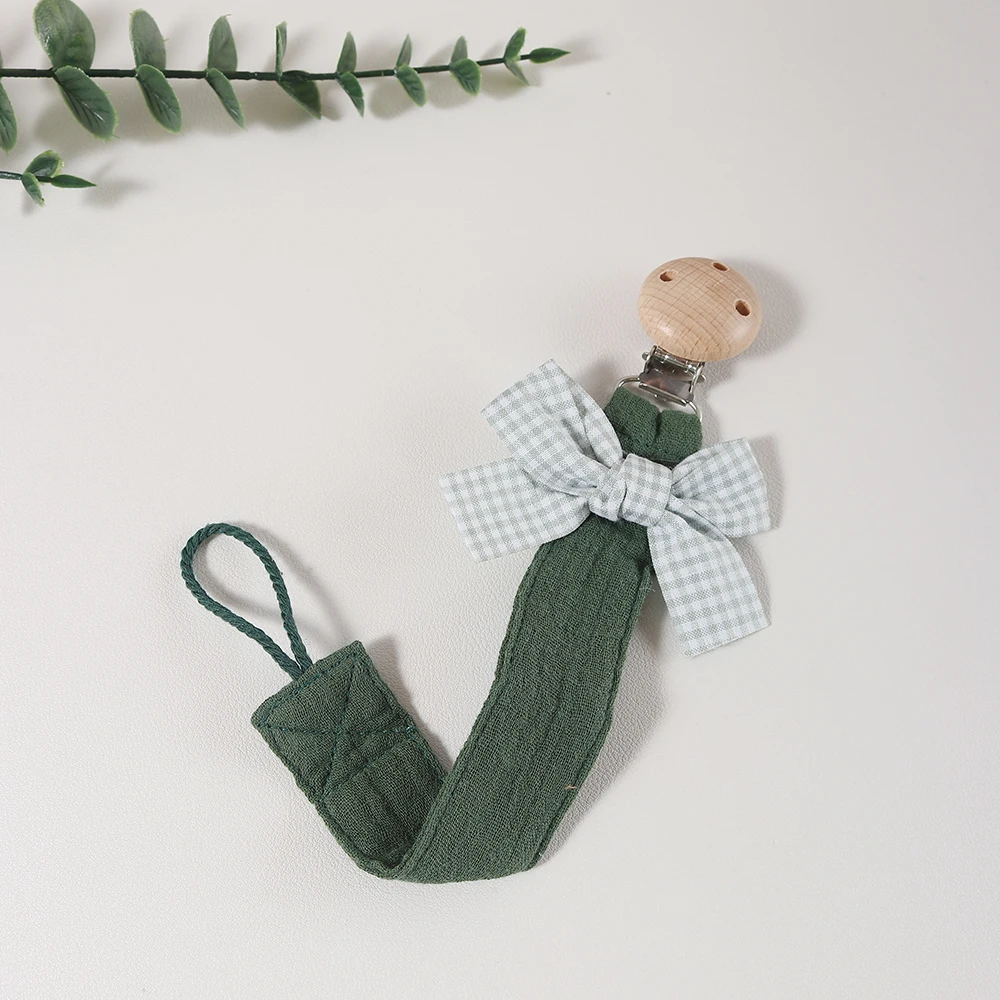 Cotton Bow Pacifier Clip for Girls - Baby Soother Holder with Wooden Paci Clip, Soft Muslin Cotton Strap for Newborn Dummy Chain
