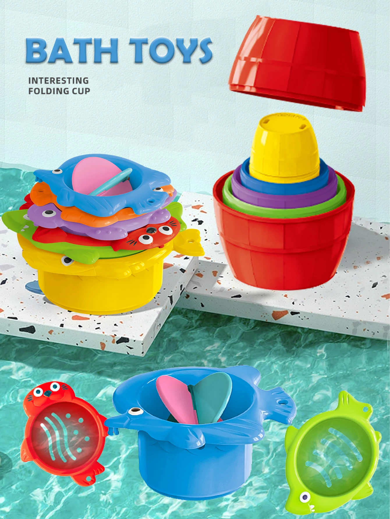 Baby Bath Toys, Stacking Cup Toddler Toy Random Colors Ocean Stacking Tower Bathtub Water Beach Play Bathroom Game Gifts