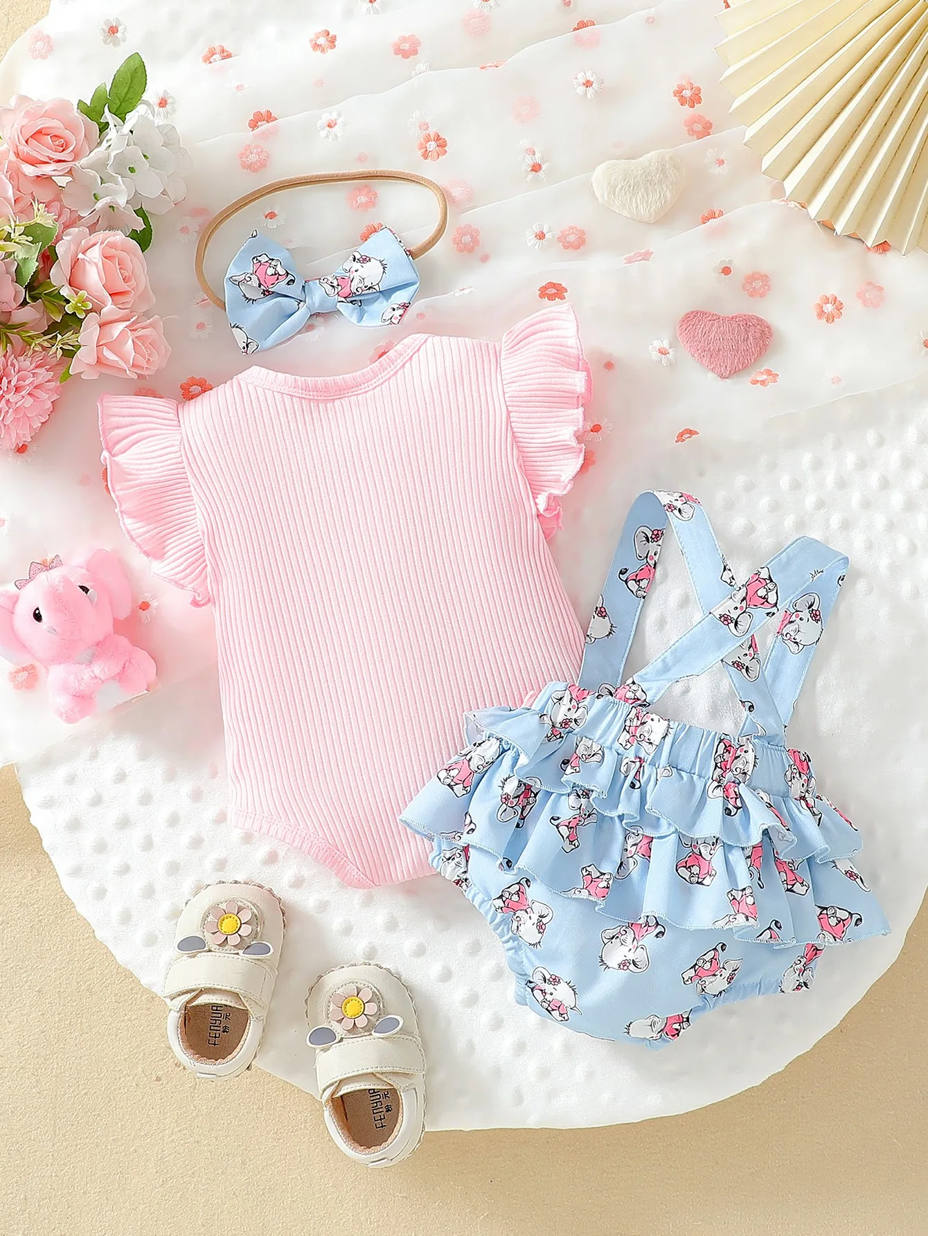 2025 New Summer Elephant Print T-shirt with Matching Headband and Overalls for Baby Girl, Casual and Versatile Three-piece Set