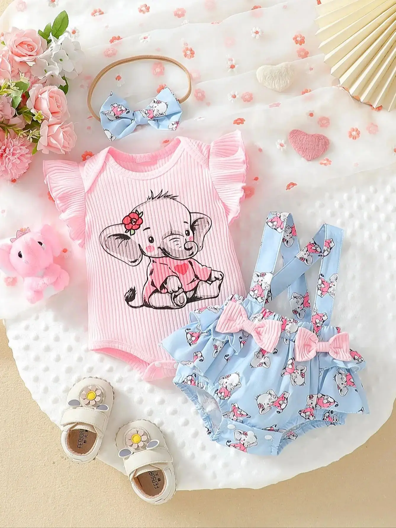 2025 New Summer Elephant Print T-shirt with Matching Headband and Overalls for Baby Girl, Casual and Versatile Three-piece Set
