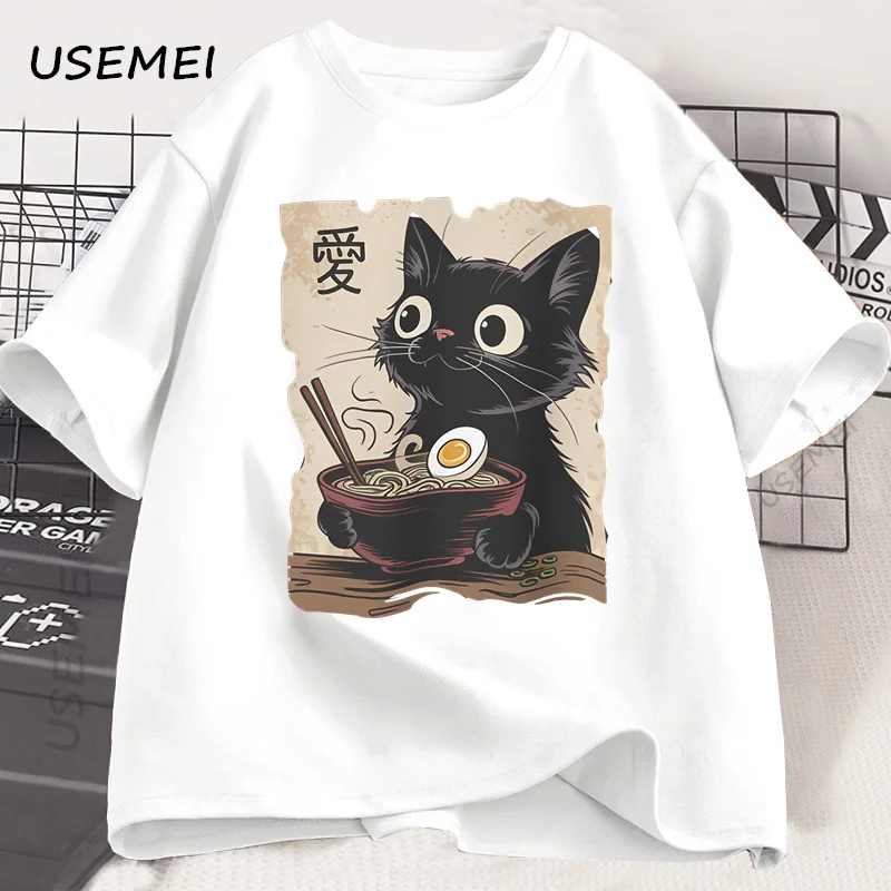 Funny Cat Ramen T-shirt Graphic Tee Japanese Kawaii Anime Cat Graphic T Shirts Men Women Casual Short Sleeve Cotton Tee Shirt