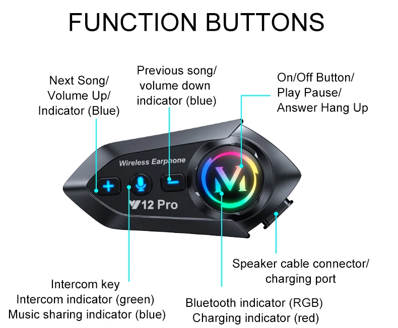 Y12 Pro Motorcycle Helmet Bluetooth Headset Intercom Distance 500M IP56 Dust And Waterproof Voice Assistant Mixing Music Sharing