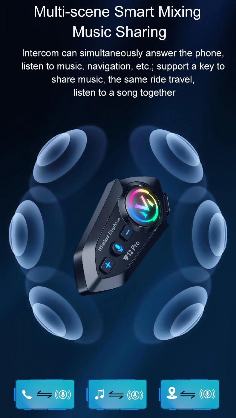 Y12 Pro Motorcycle Helmet Bluetooth Headset Intercom Distance 500M IP56 Dust And Waterproof Voice Assistant Mixing Music Sharing