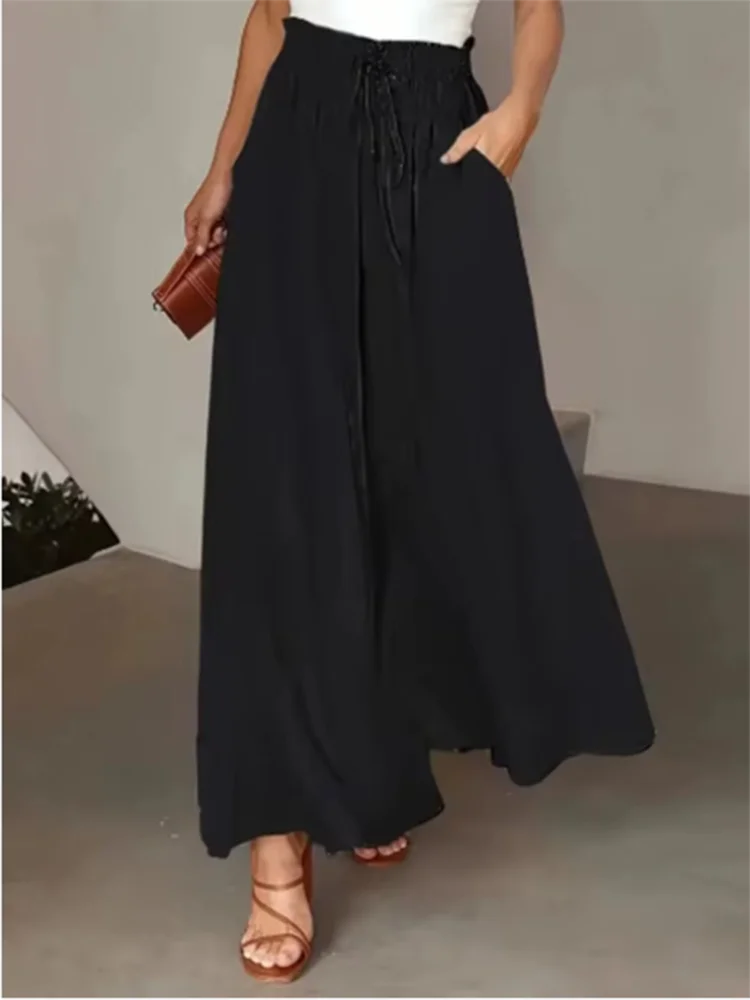 Lace Up Printed Women's Long Trousers Casual Pocket Women's Wide Leg Pants Fashionable High Street Bohemian Style Summer Daks