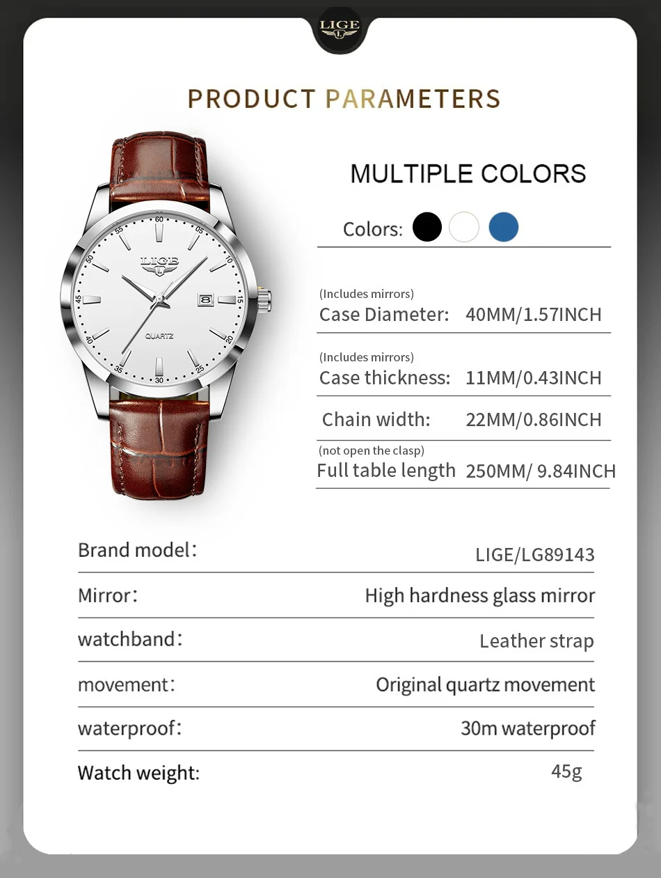 LIGE Man Watch Fashion Leather Strap Mens Watches Military Sport Waterproof Calendar Quartz Wristwatches Male Clock Reloj Hombre