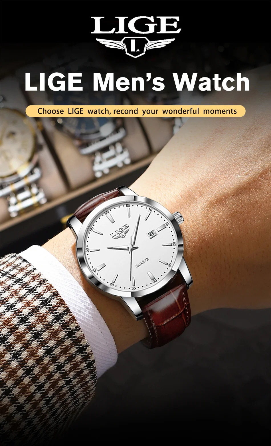 LIGE Man Watch Fashion Leather Strap Mens Watches Military Sport Waterproof Calendar Quartz Wristwatches Male Clock Reloj Hombre